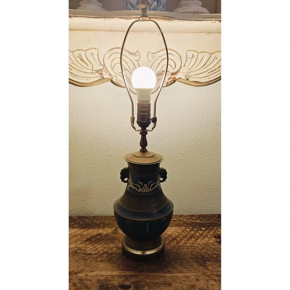 Vintage Japanese Champleve Bronze Enamel Cloisonne Table Lamp Works!